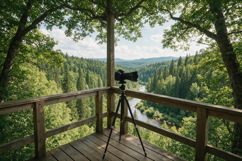Une plateforme d'observation dans les arbres avec un trépied, vue sur une vallée boisée