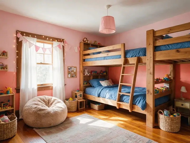 Étape 2 · Immersion Une chambre familiale rose et corail avec des lits superposés en bois : l'étape 2, l'immersion