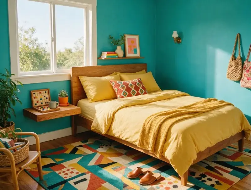 Stratégie Une chambre aux murs turquoise et à la literie moutarde : l'étape 1, la stratégie