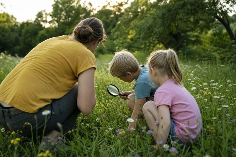 La visio de repérage Une famille observe les insectes à la loupe