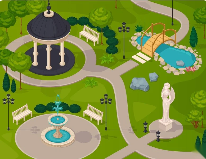 Plan du parc Plan illustré d'un parc : kiosque, fontaine, pont et étang