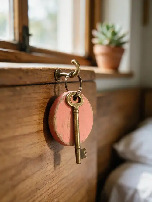 Place 2 Porte-clés corail avec une clé ancienne, accrochés à un crochet