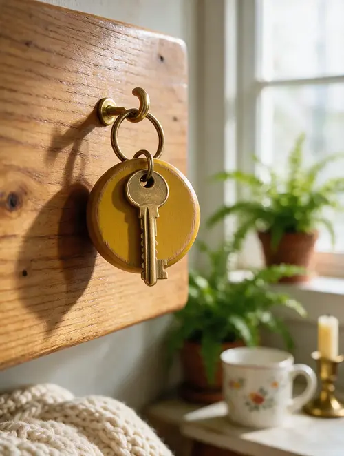 Place 3 Porte-clés jaune moutarde avec une clé en laiton, accrochés à un tableau en bois