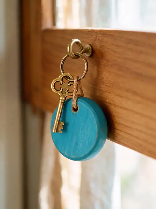 Place 1 Porte-clés turquoise avec une clé en laiton, accrochés à un crochet